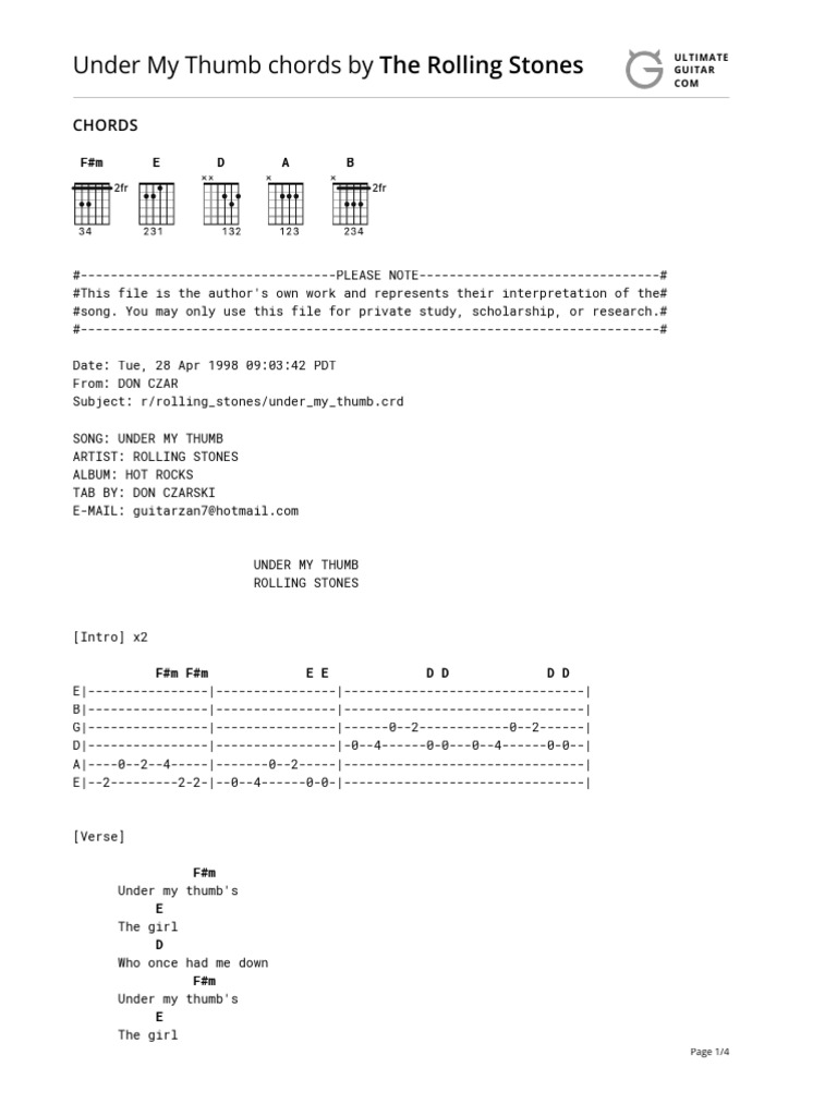 Under My Thumb Chords The Rolling Stones PDF Song Structure