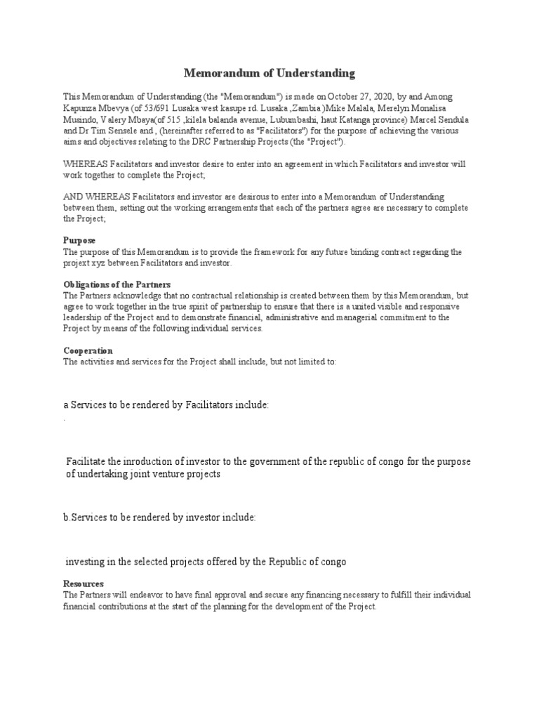 DRC Partnership Projects MOU Agreement | PDF | Civil Law (Legal System ...