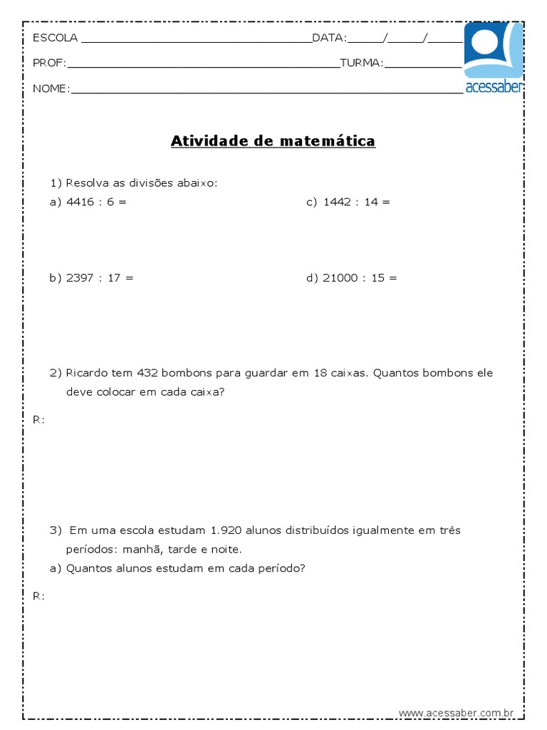 Atividade de Matemática de Divisão 5º Ano | PDF