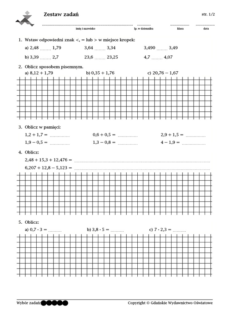 Ułamki Dziesiętne Klasa 4 Karty Pracy Pdf
