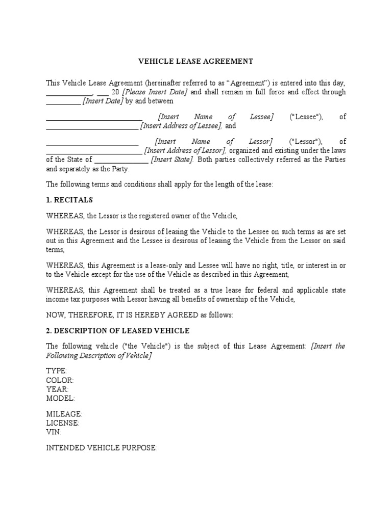 A Comprehensive Vehicle Lease Agreement Outlining Responsibilities of Both Lessor and Lessee PDF