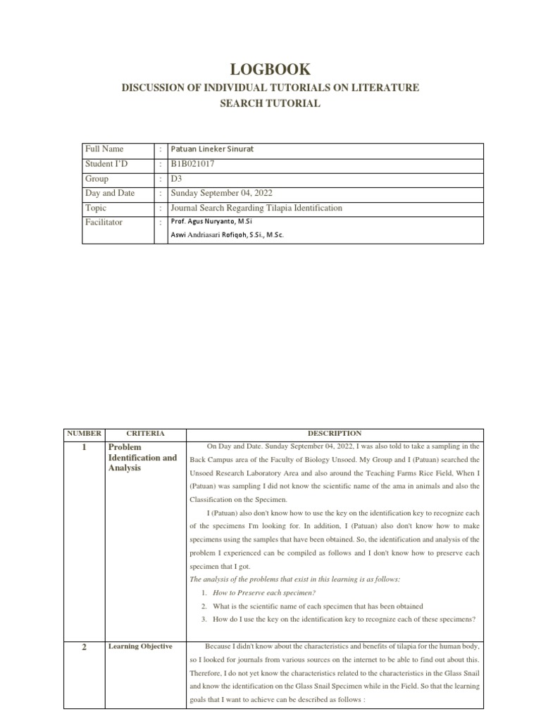 Format Logbook Discussion of Individual Tutorials On Literature
