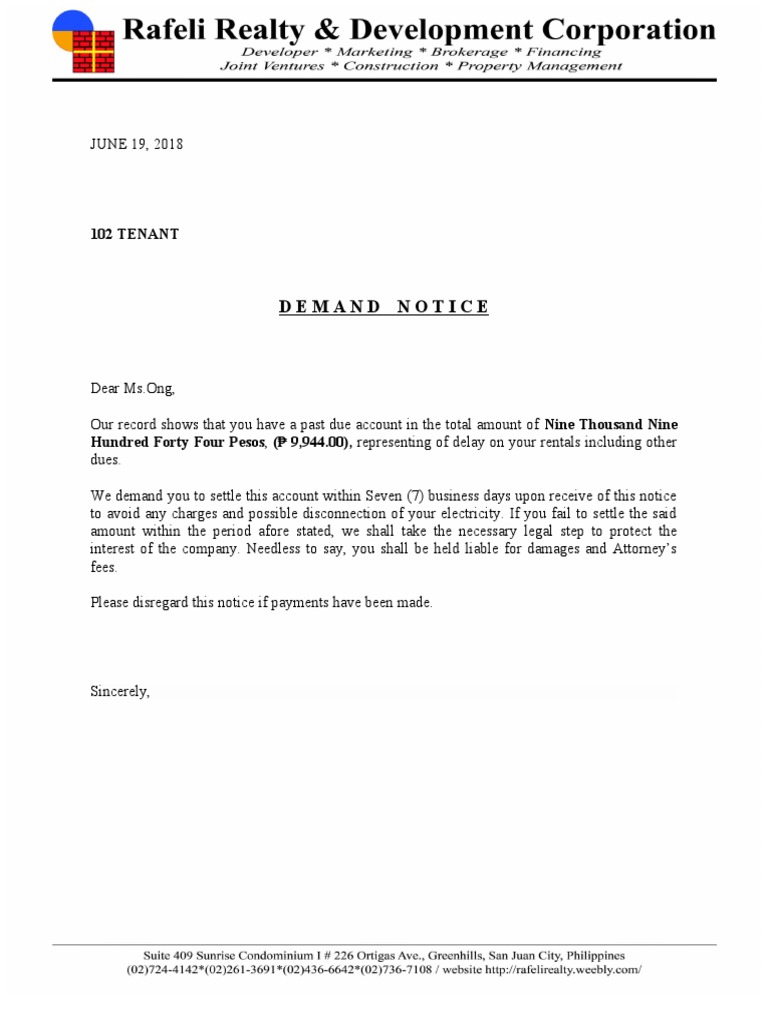 Demand Notice for Past Due Rent | PDF