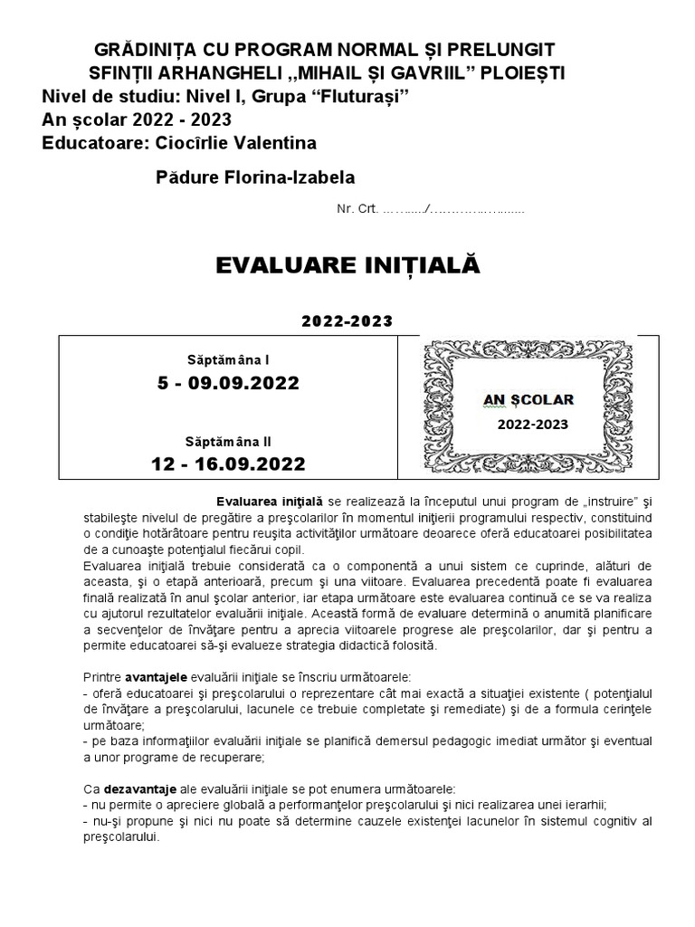 Evaluare Initiala - Planificare 2 Saptamani | PDF