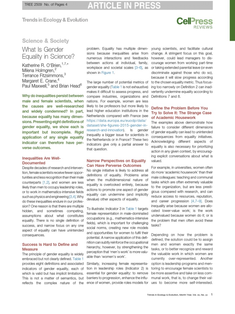 O'Brien Et Al 2019 - What Is Gender Equality in Science | PDF | Gender ...