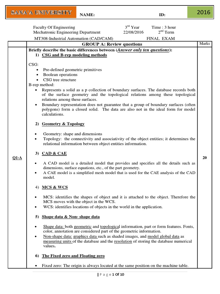 CAD/CAM Final Exam Review Questions | PDF | Computer Aided Design ...