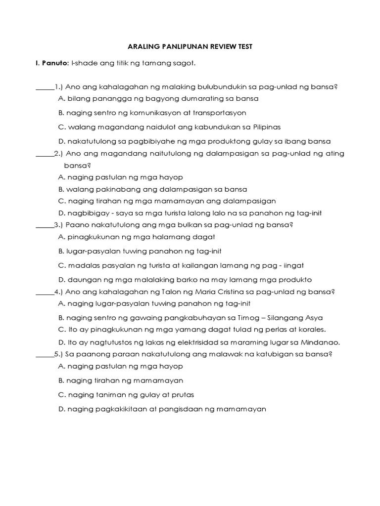Araling Panlipunan Review Test I. Panuto: I-Shade Ang Titik NG Tamang ...