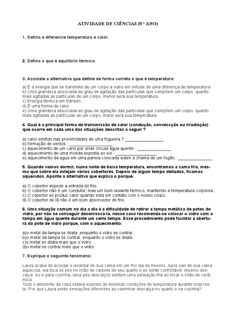 ATIVIDADE DE CIÊNCIAS (9 Márcio | PDF | Calor | Temperatura