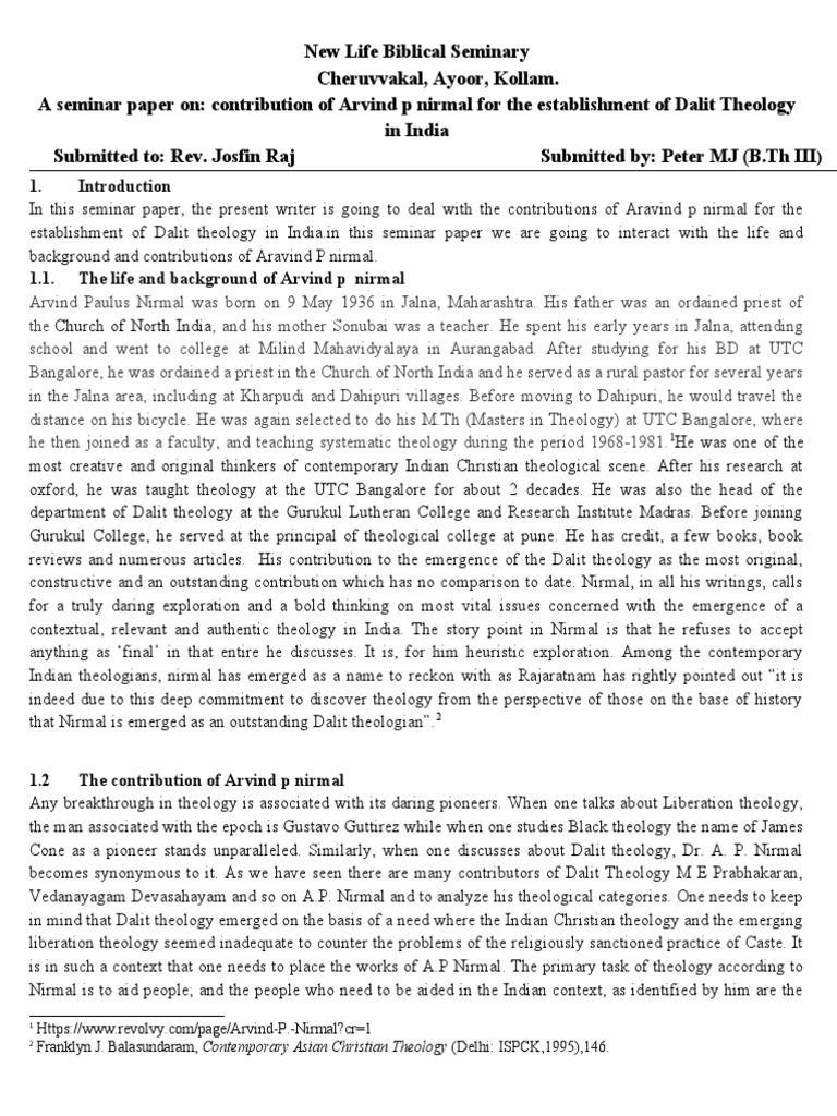 Contribution of Arvind P Nirmal For The Establishment of Dalit Theology ...