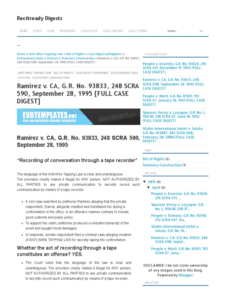 Recitready digests ramirez v ca g r no 93833 248 scra 590
