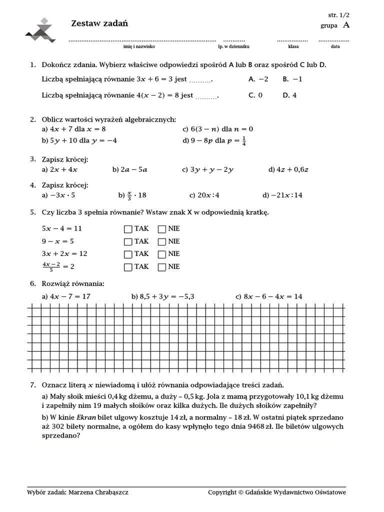 Wyrażenia Algebraiczne I Równania Sprawdzian Klasa 8 Wyrażenia Algebraiczne i Równania Kl. VI e | PDF