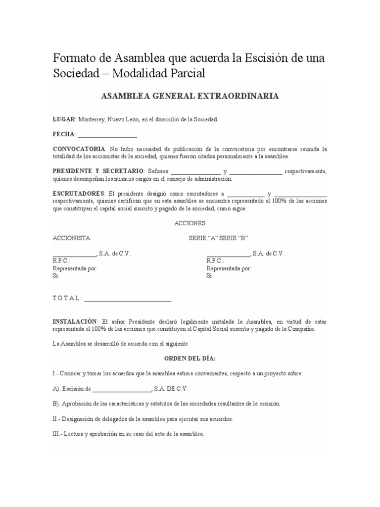 Sesión 11. Formato de Escisión de Una Empresa | PDF | Sociedad de ...