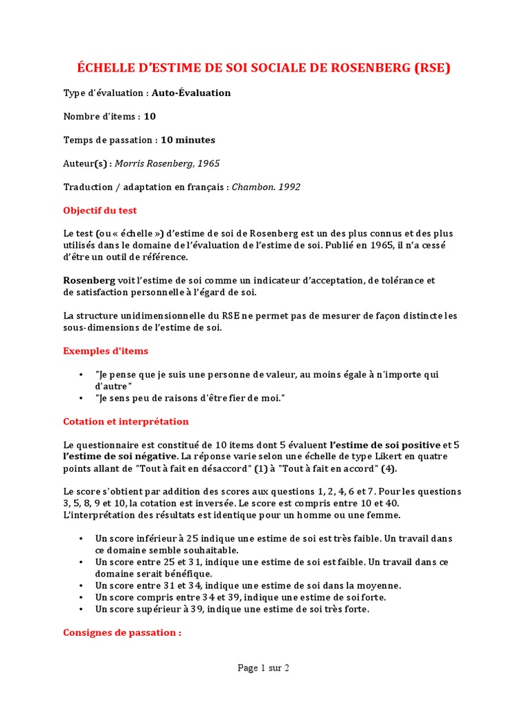 ECHELLE D ESTIME DE SOI SOCIALE DE ROSENBERG (2 Pages 78 Ko) PDF Estime de soi Psychologie