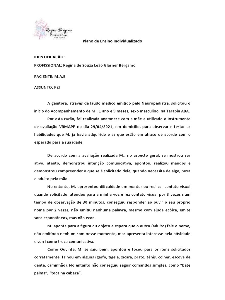 Avaliação e Plano de Ensino para M. | PDF | Brinquedos | Transtorno ...