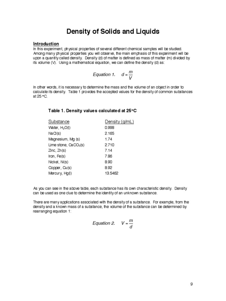 Density of Solids and Liquids CHEM Lab Manual PDF Density Volume