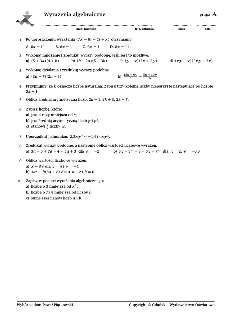 Quiz Z Matematyki Klasa 7 Sprawdzian. Wyrażenia Algebraiczne 7 | PDF