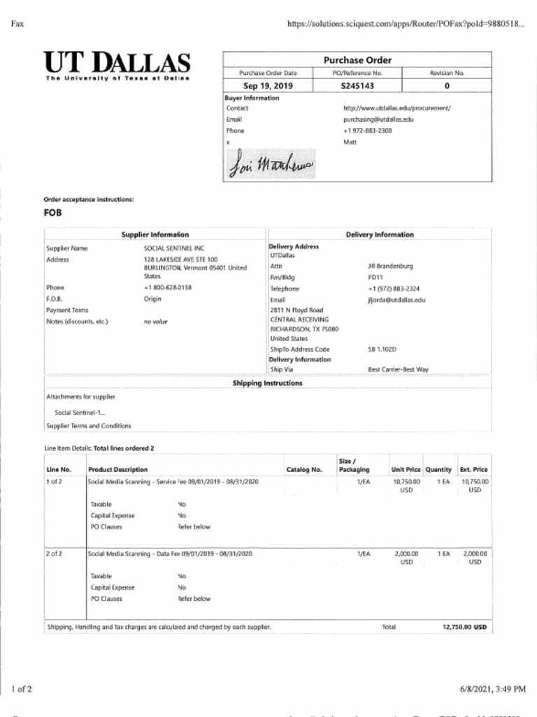 UT Dallas Social Sentinel Purchase Order For Past Seven Years | PDF