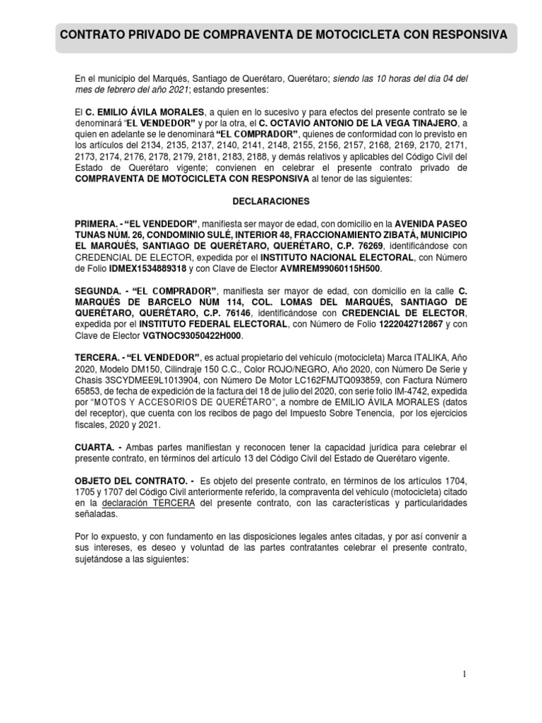 Contrato de Compraventa de Motocicleta | PDF | Derecho contractual ...