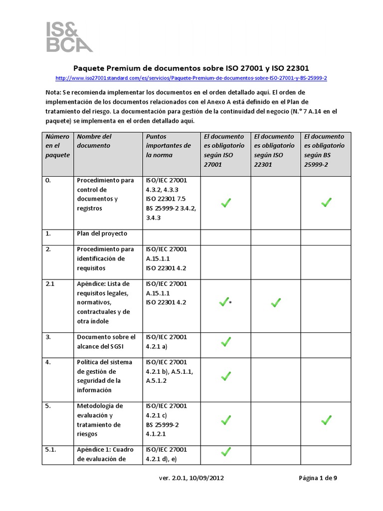 Lista de Documentos Paquete Premium de Documentos Sobre ISO 27001 y ISO ...