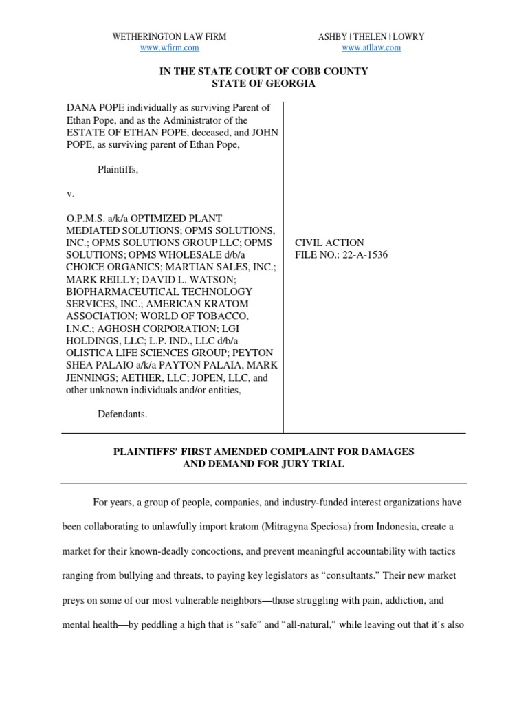 2022-10-20 - Amended Complaint - Pope V Kratom | PDF | Negligence | Food  And Drug Administration