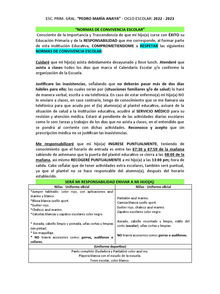 Normas de convivencia escolar para padres de familia de la Escuela ...