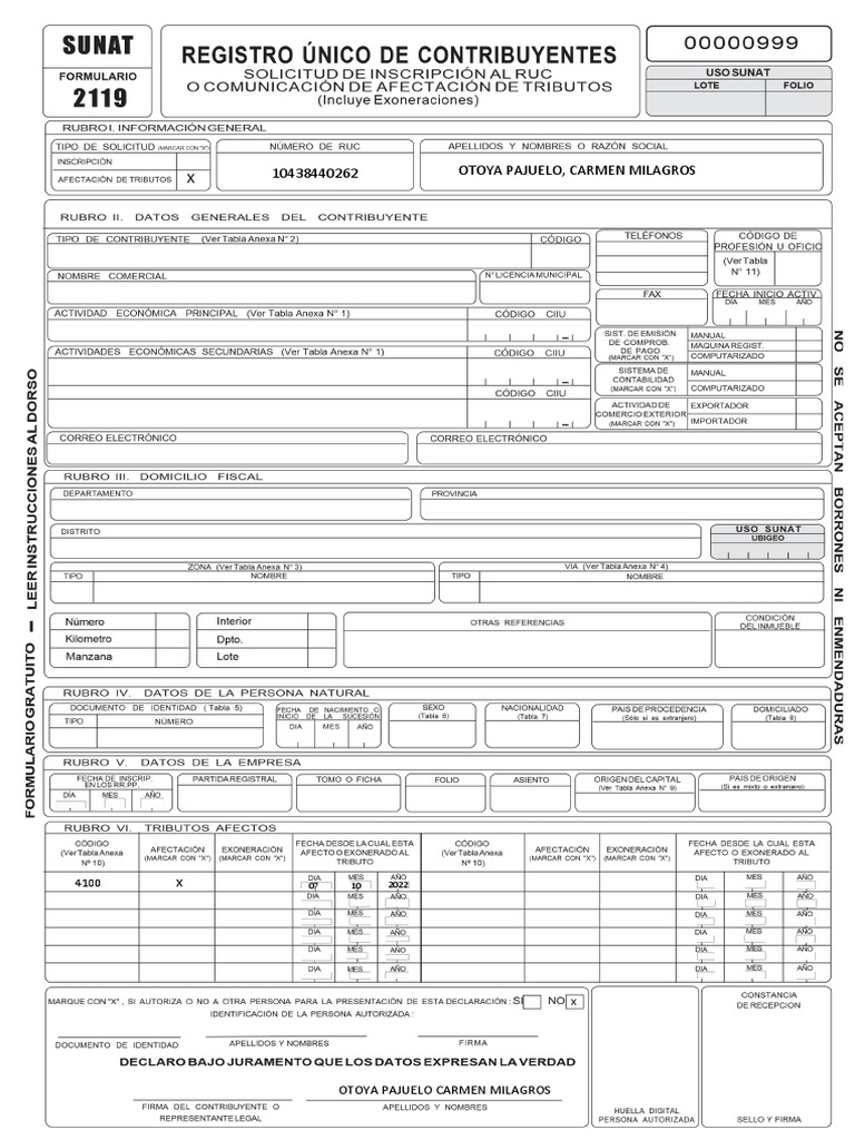 Solicitud de inscripción en el Registro Único de Contribuyentes (RUC) | PDF