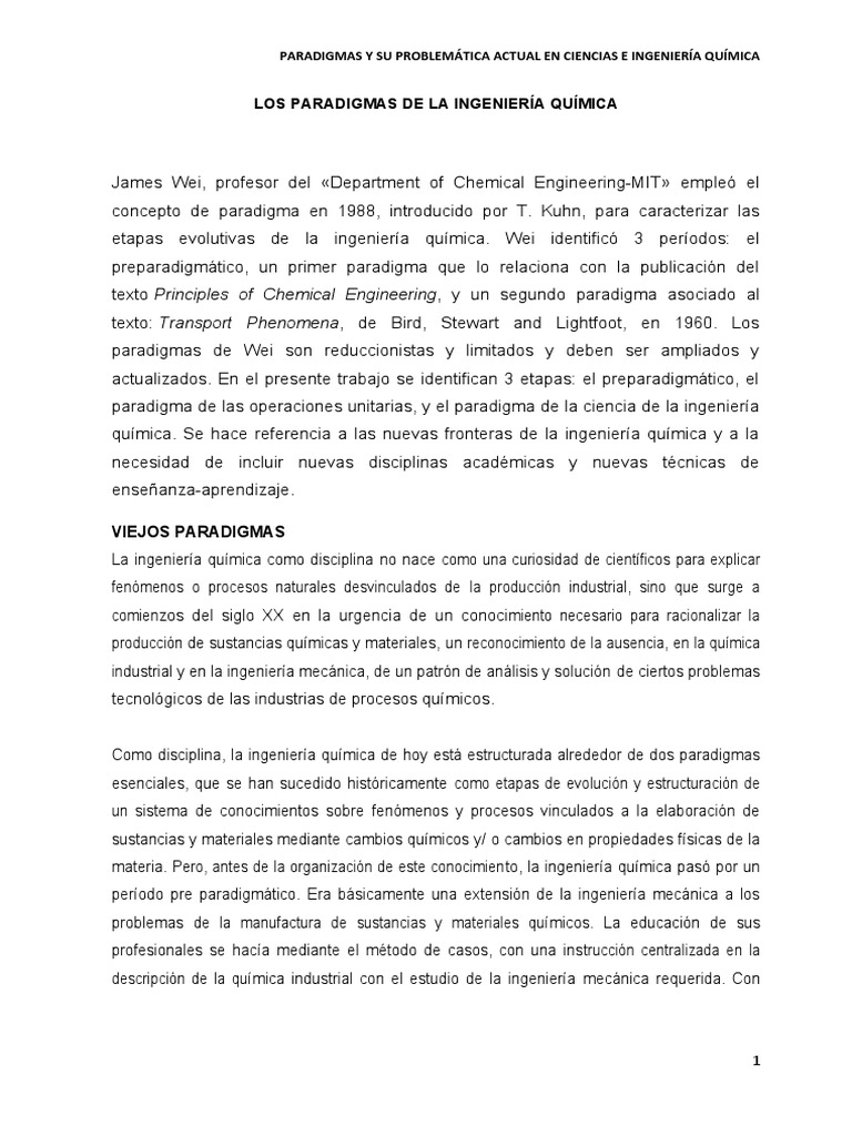Los Paradigmas de La Ingenieria Quimica PDF Ingeniería Química Paradigma