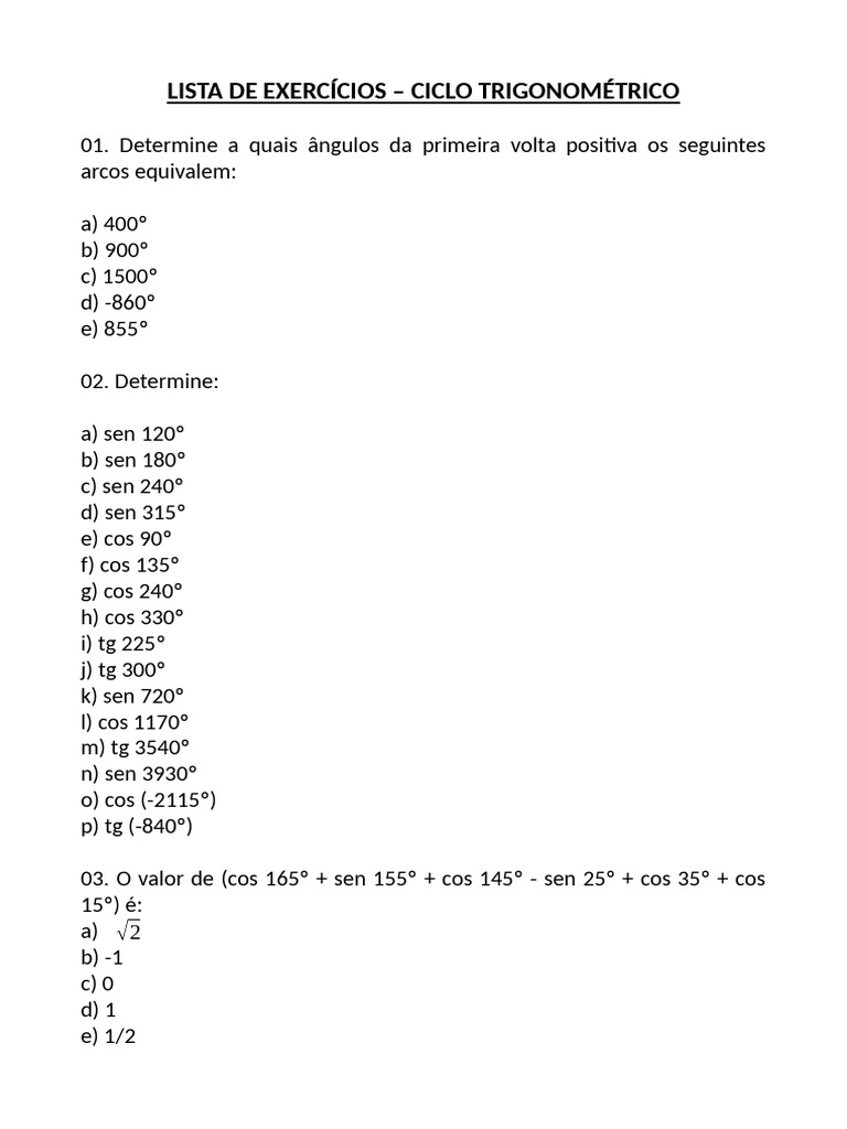 Exercícios - Ciclo Trigonométrico | PDF