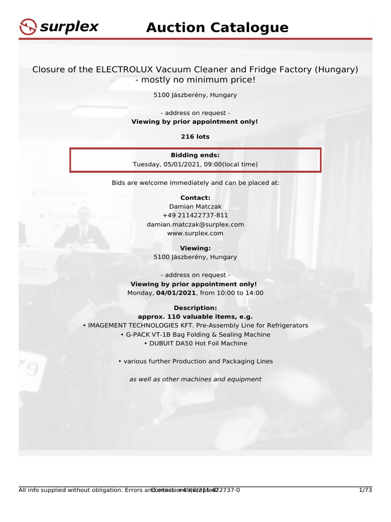 Surplex Auction: Electrolux Factory Closure | PDF | Mechanical ...