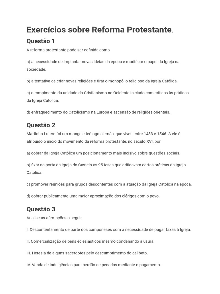 Exercícios Sobre Reforma Protestante - Documentos | PDF ...