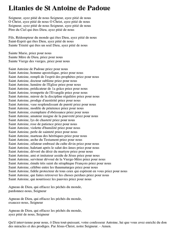 Priere A St Antoine De Padoue Pour L abondance Financiere Litanies de ST Antoine de Padoue | PDF | Jésus | Marie, mère de Jésus