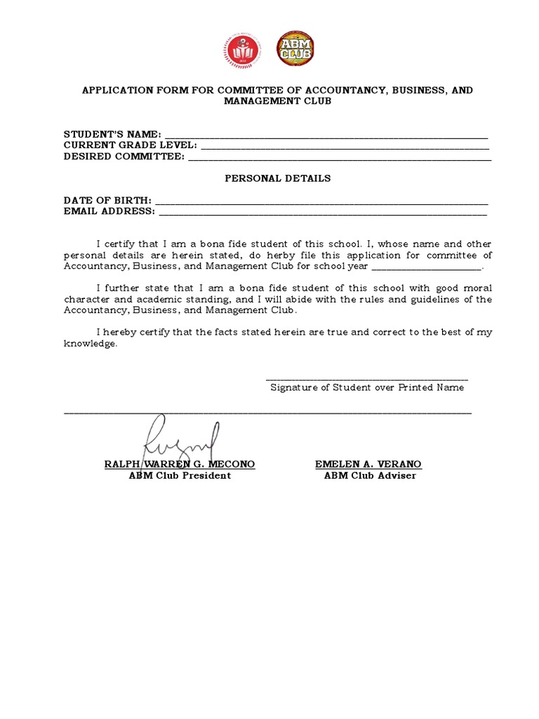 ABM Club Committee Application Form | PDF