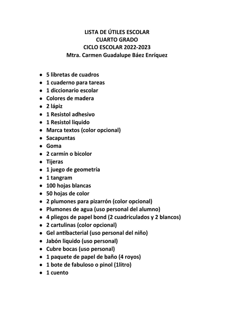 Lista de Útiles Escolares 4° Grado 2022-2023 | PDF
