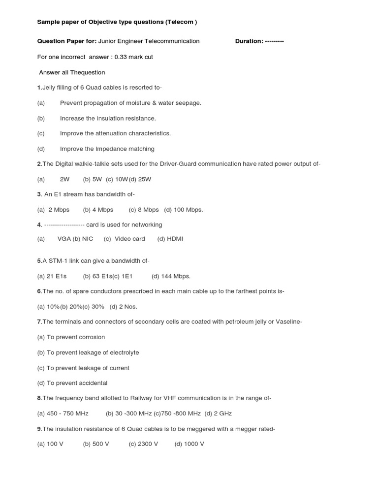 JE Telecom Exam Sample Questions | PDF | Alternating Current ...