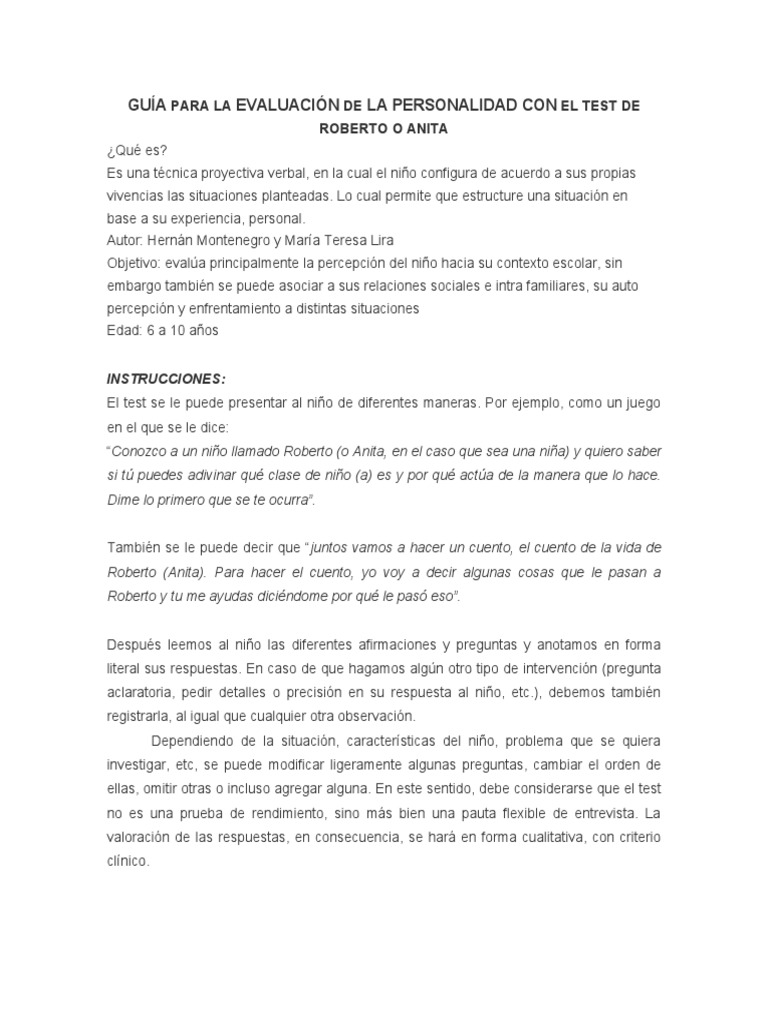 Guía para La Evaluacion Test de Roberto o Anita | PDF | Ciencias del ...