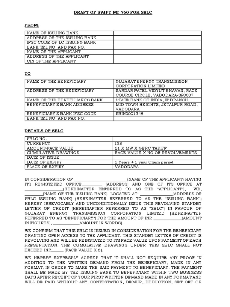 SBLC Draft MT 760 Template | PDF | Letter Of Credit | Business