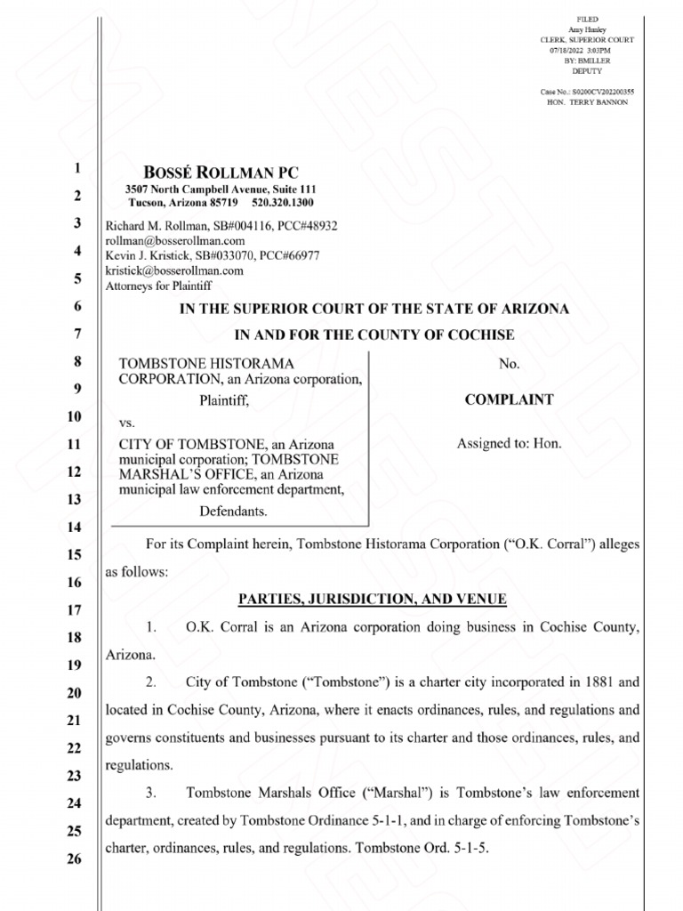 Tombstone vs O.K. Corral Civil Complaint (07/18/22) | PDF