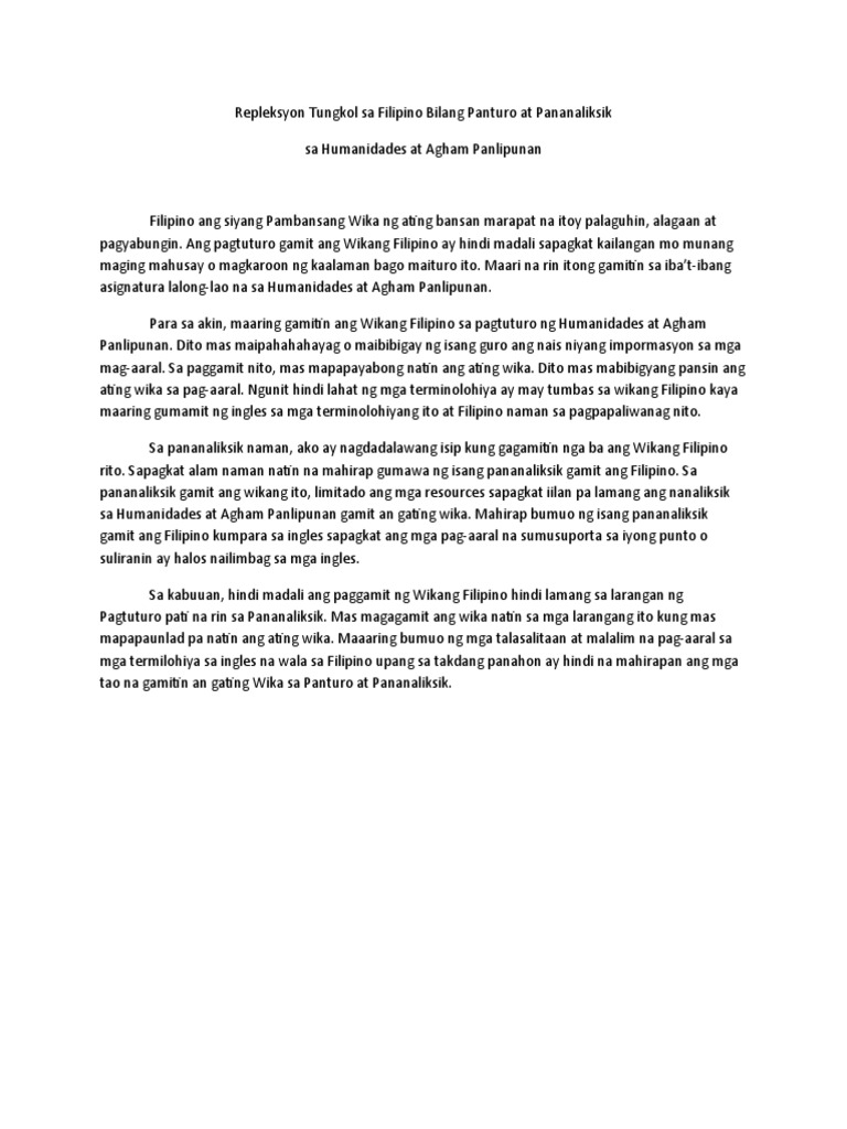 Repleksyon Tungkol Sa Filipino Bilang Panturo at Pananaliksik | PDF