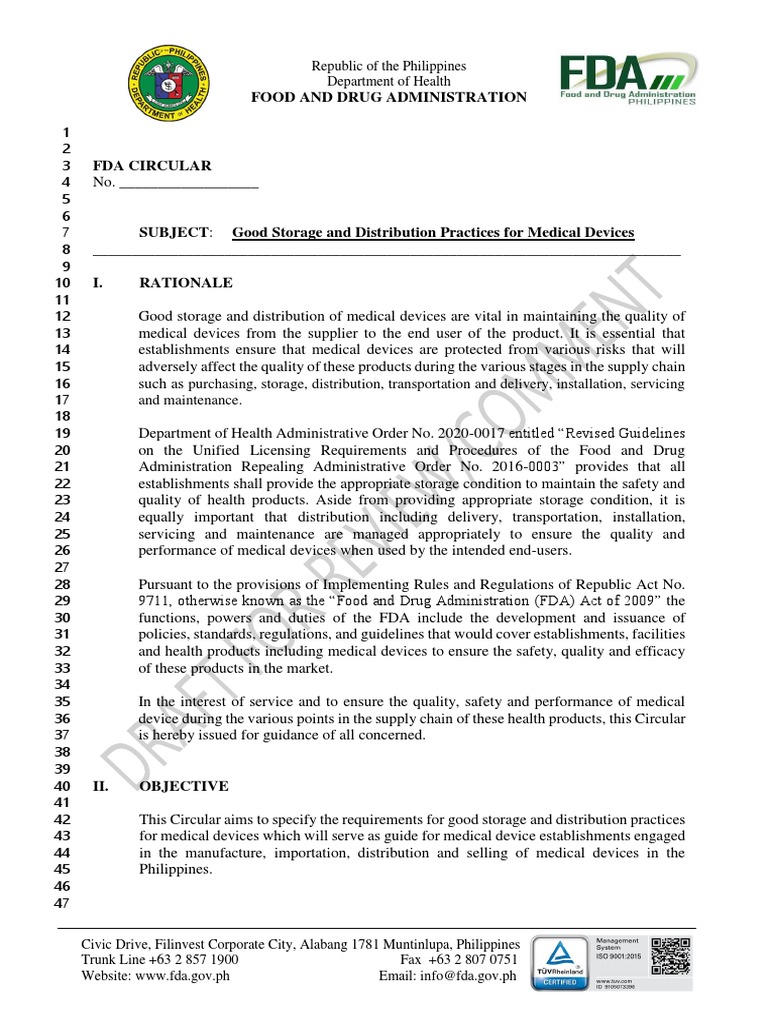 Draft FDA Circular Good Storage and Distribution Practices For Medical
