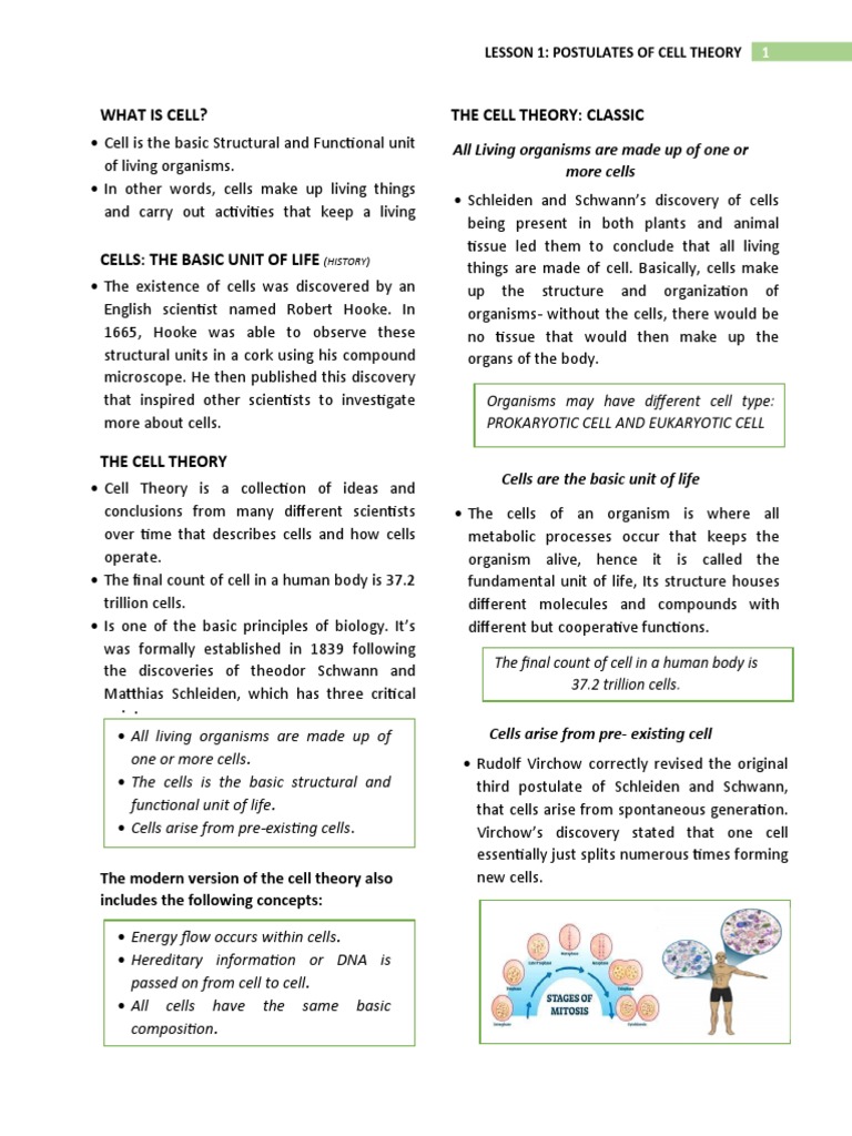 Lesson 1 - Cell Postulates | PDF | Cell (Biology) | Life
