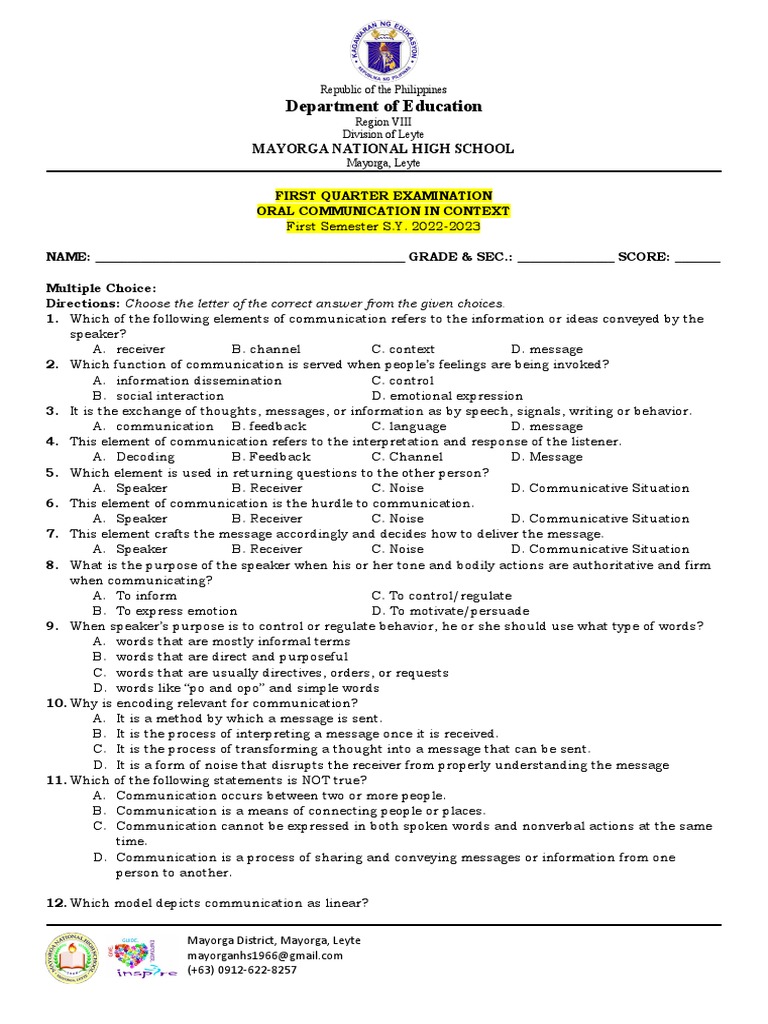 Oral Com 1st Periodical Test PDF Communication Cognitive Science