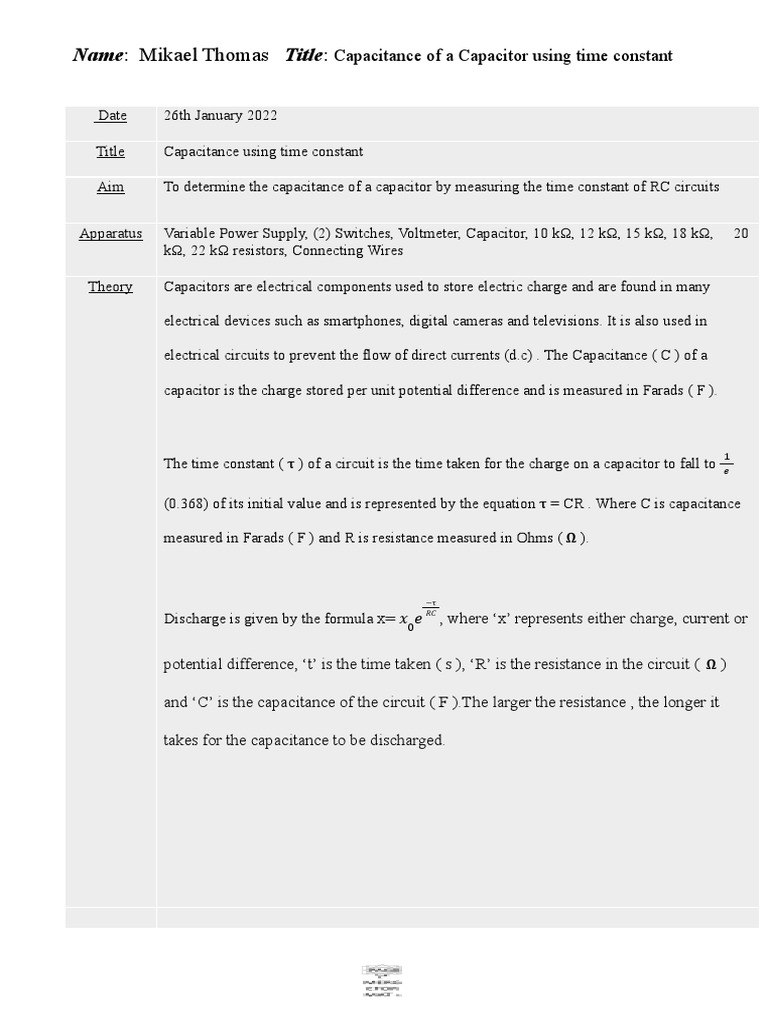 Mikael Thomas Capacitance Lab Report PDF Capacitance Capacitor