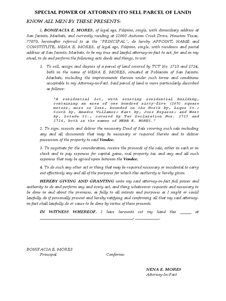 Special Power of Attorney for Land Sale | PDF | Power Of Attorney ...