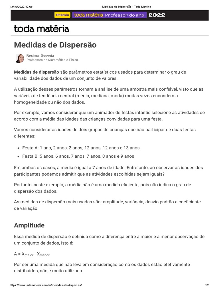Medidas de Dispersão - Toda Matéria | PDF | Desvio padrão | Dispersão ...