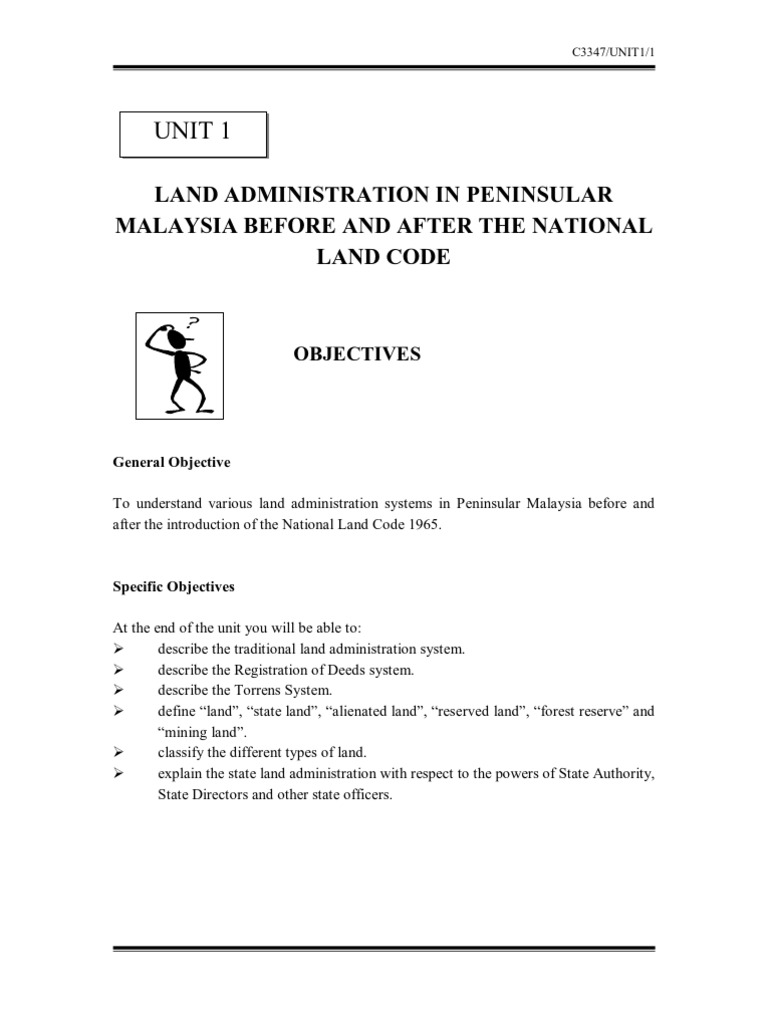 Unit 1 Land Administration In Peninsular Malaysia Before And
