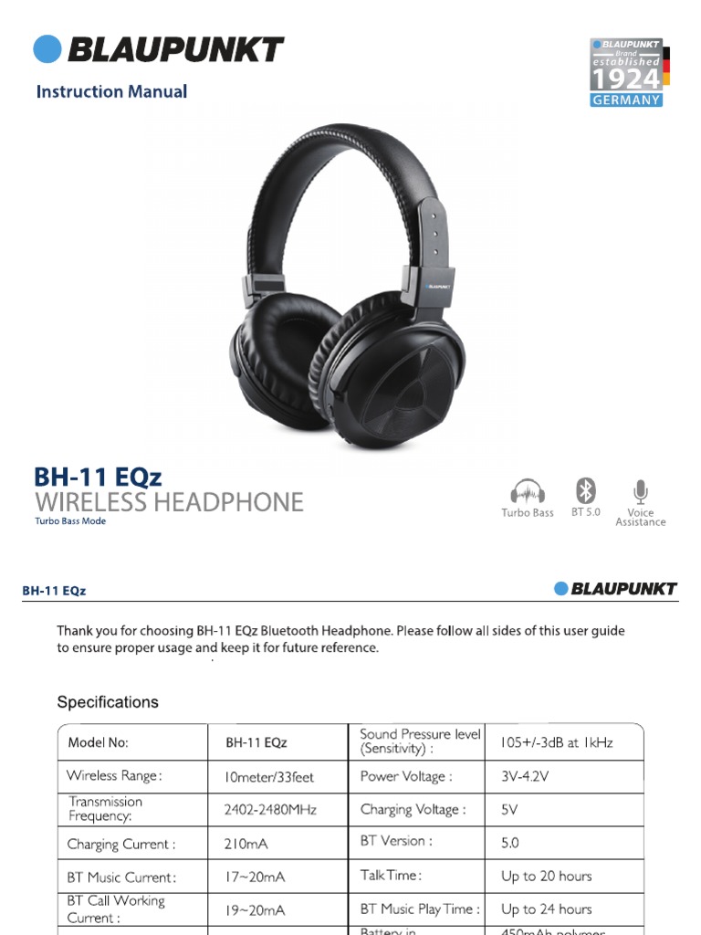 Blaupunkt Wireless Headphone BH11 Manual Curved PDF