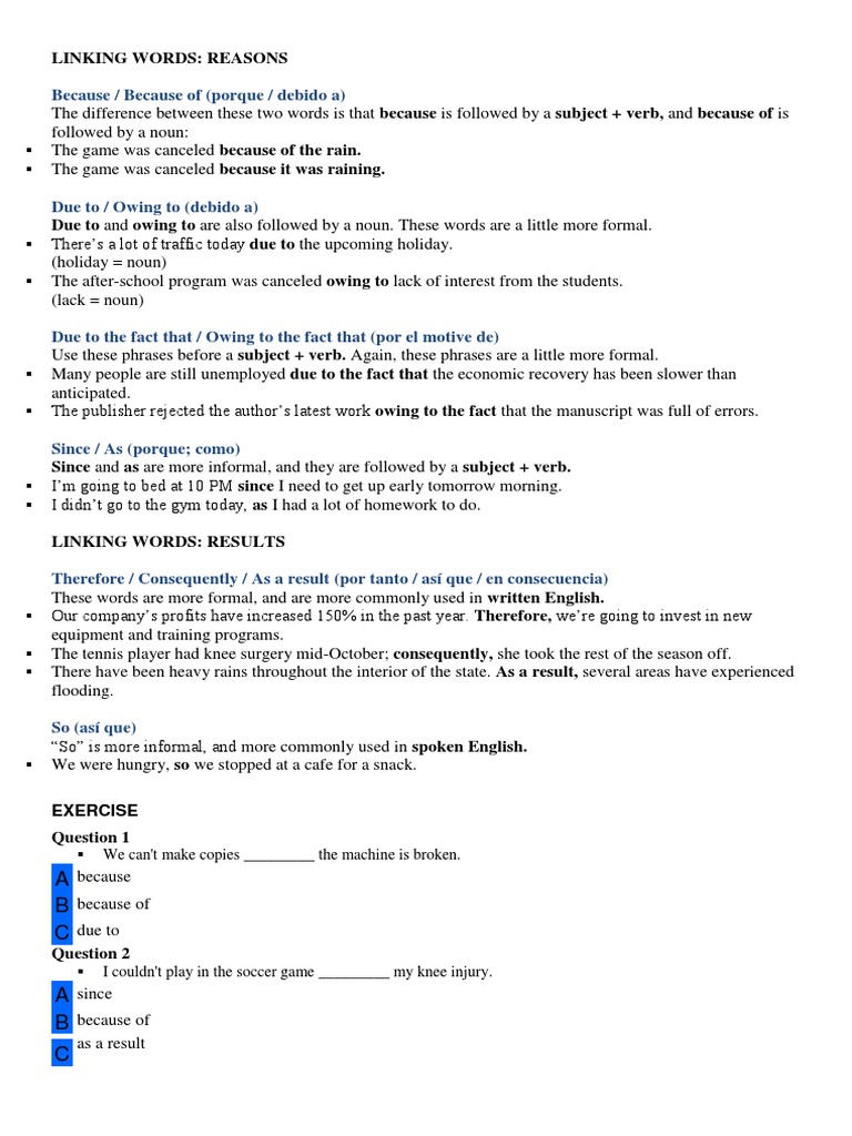 Connectors of Cause and Result PDF Verb