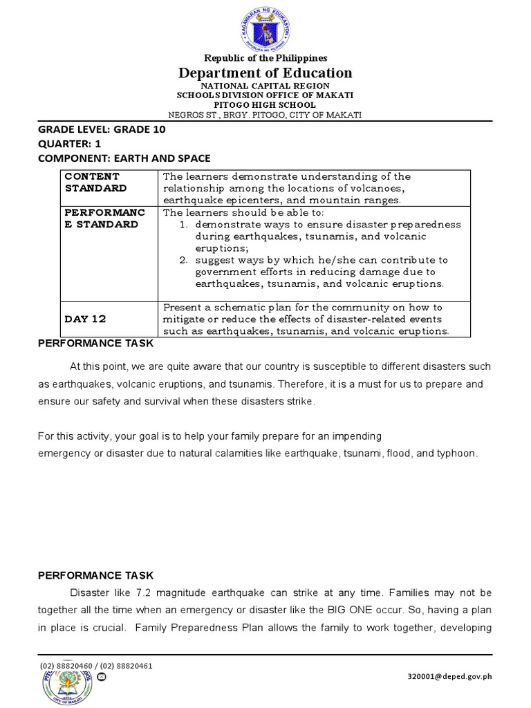 Performance Task Family Preparedness Plan W9 | PDF | Earthquakes | Tsunami