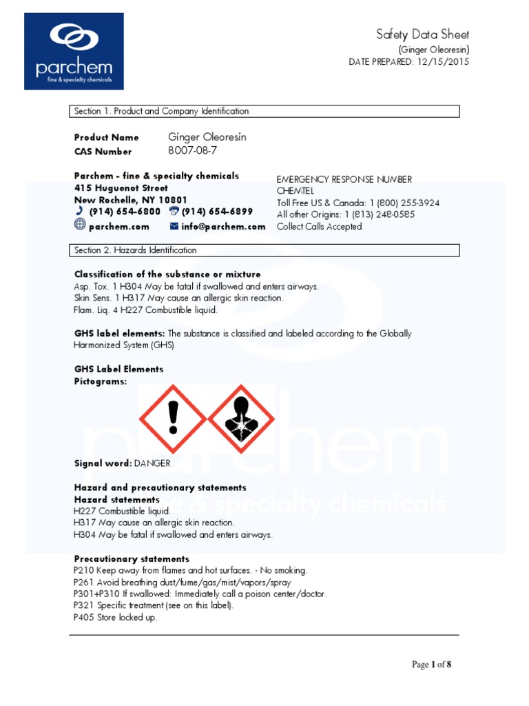 GHS Ginger Oleoresin MSDS Download Free PDF Dangerous Goods Toxicity