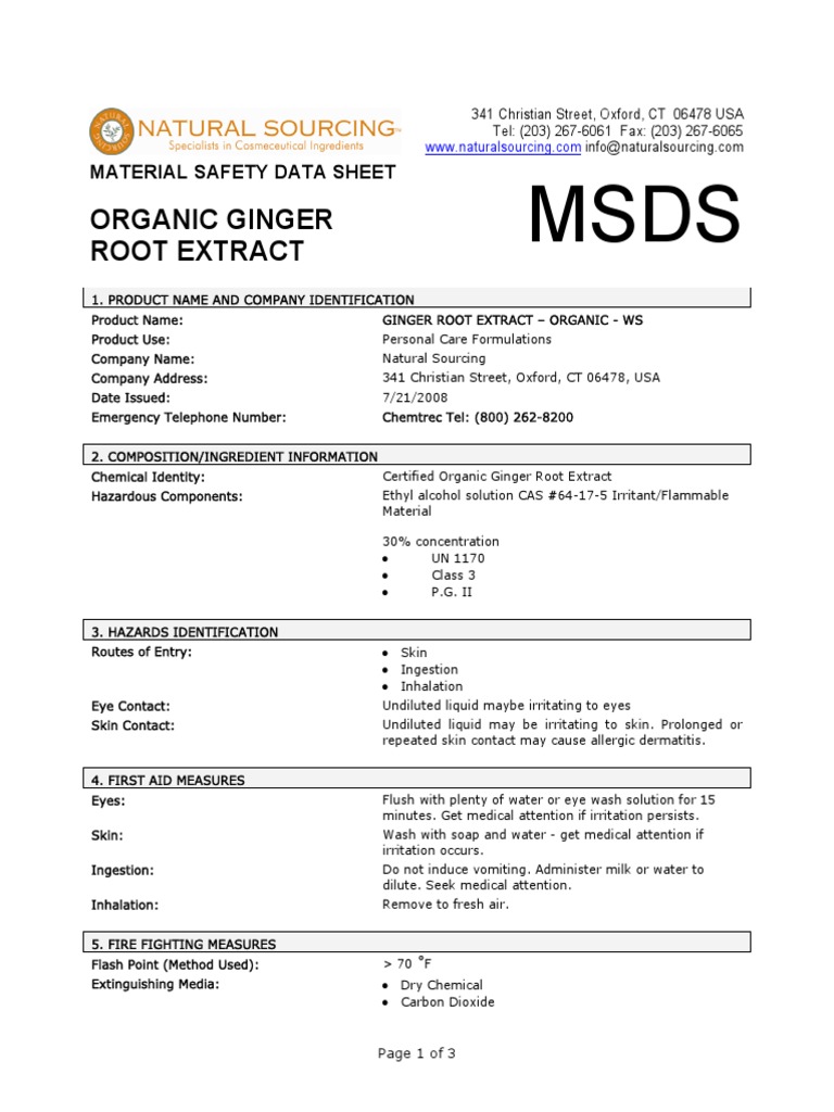 Organic Ginger Root Extract MSDS PDF Water Safety